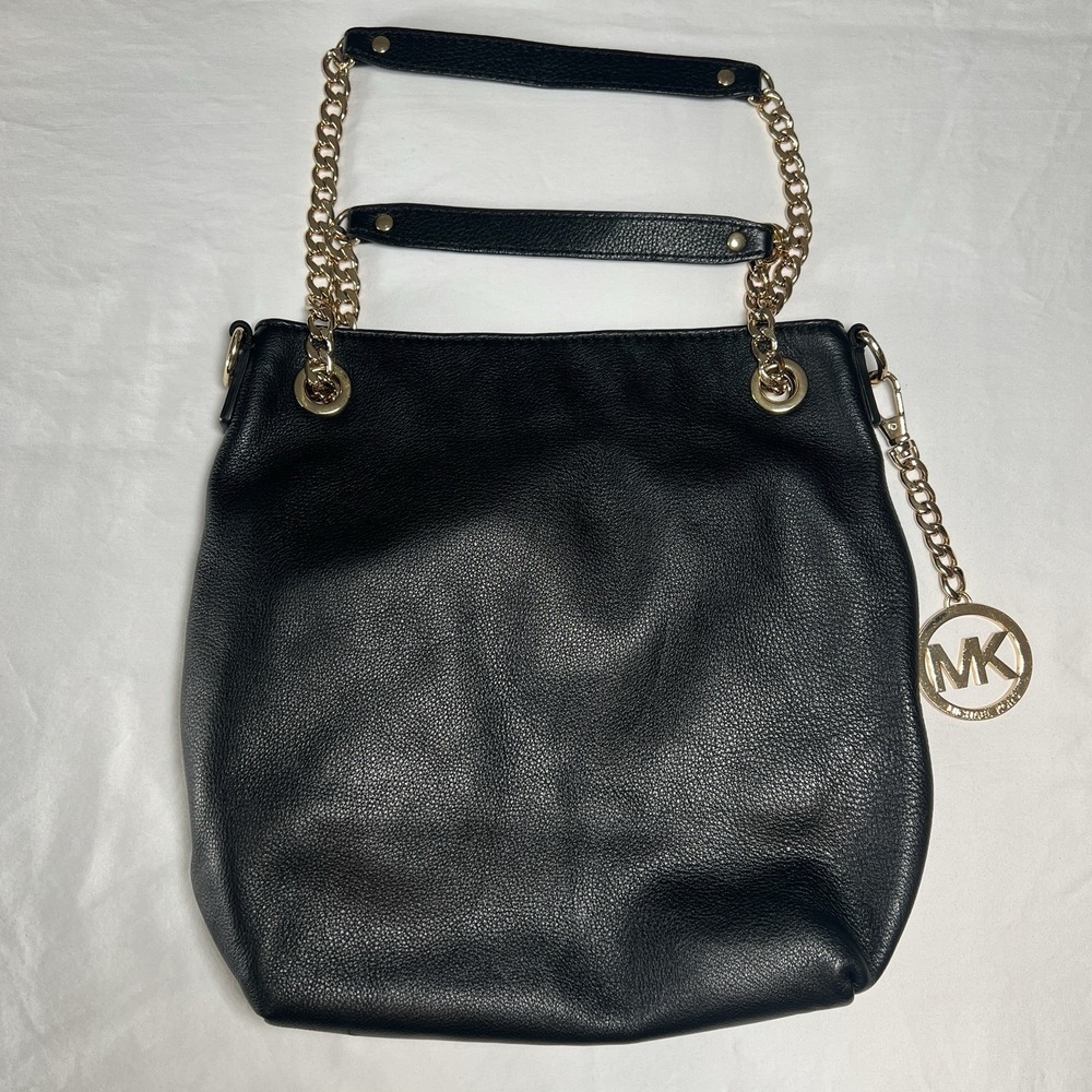 Michael Kors Black Pebbled Leather Shoulder Tote Bag Gold Chain MK Charm